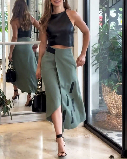 Fashionable Leather Short Top & Skirt Two-Piece Set