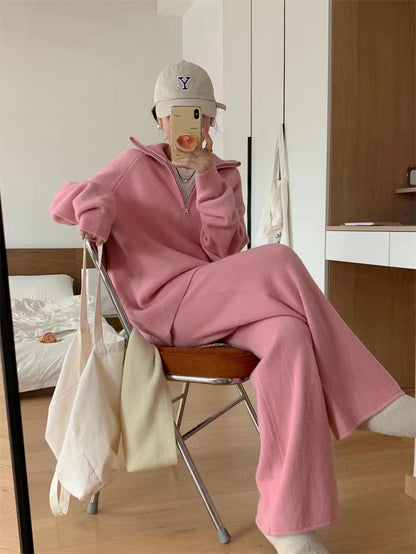 Casual Lapel  Sweater and Wide-leg Pants Two-piece Suit