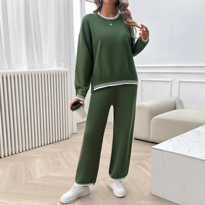 Solid Color Casual Color Matching Knit Sweater & Pant Suit