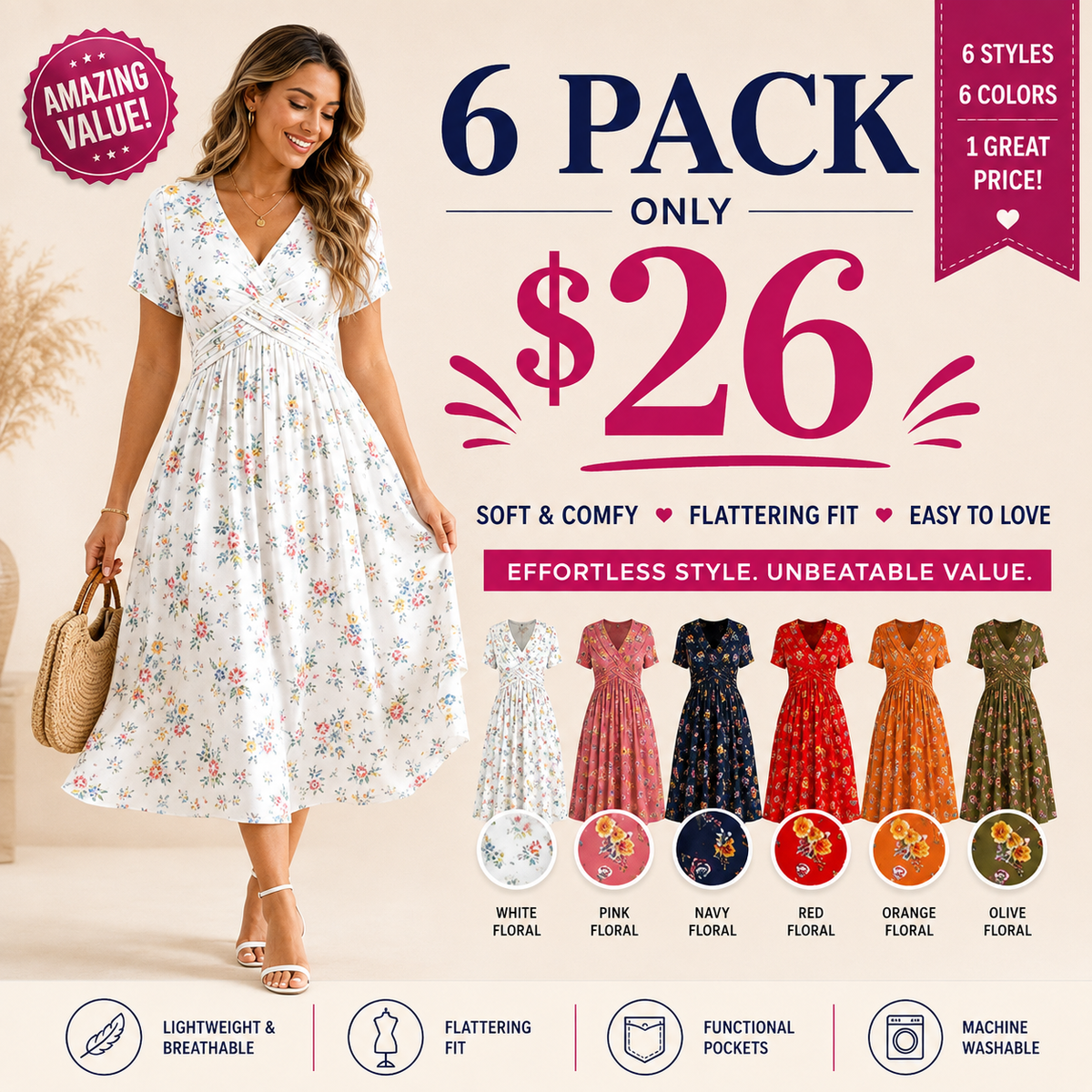 Floral V-neck dress with a twist at the waist—elegant and casual for any occasion