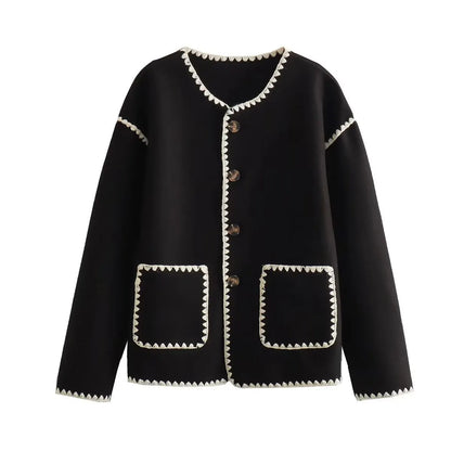 Elegant Crew-neck Edge Color Contrast Coat