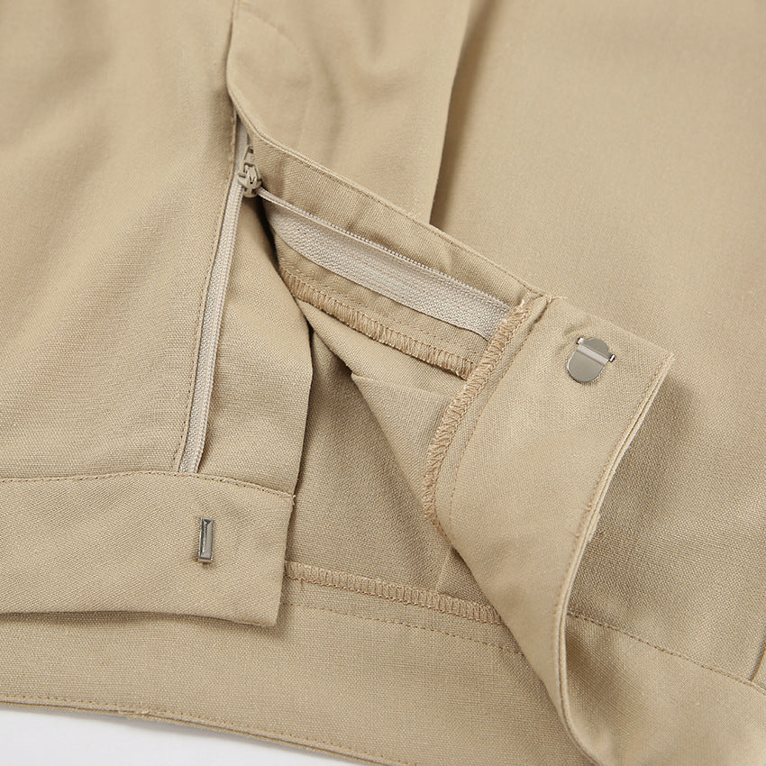 Fashion Khaki Shoulder Cotton And Linen Vest & Trousers Two-Piece Set