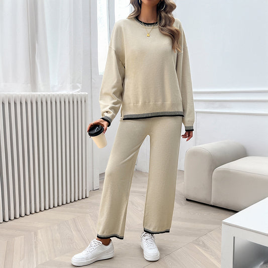 Solid Color Casual Color Matching Knit Sweater & Pant Suit