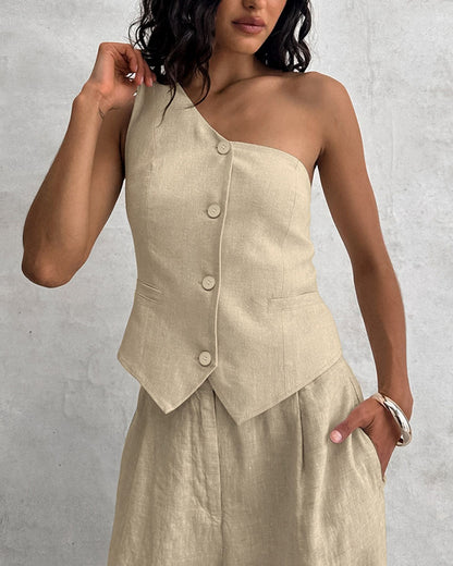 Fashion Khaki Shoulder Cotton And Linen Vest & Trousers Two-Piece Set