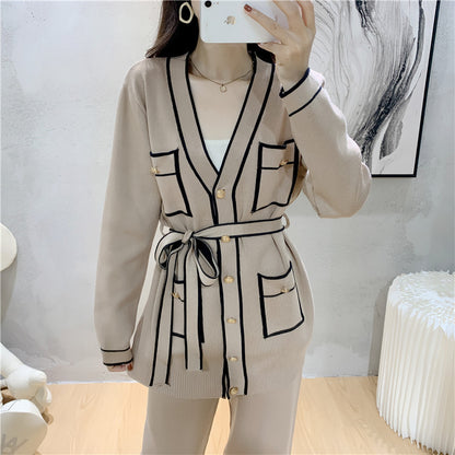 Elegant Color Contrast Two-piece Sweater Suit