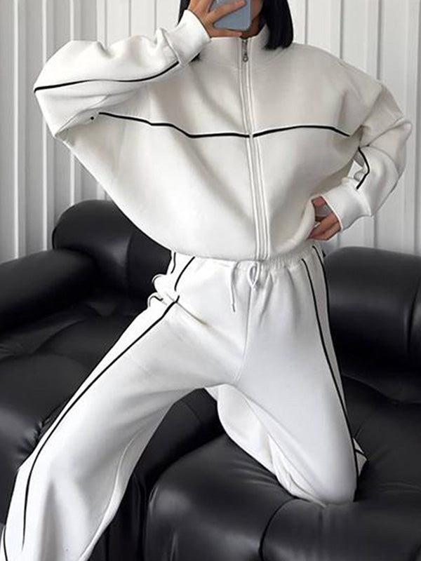 Stylish Striped Turtleneck Long-Sleeved Hoodie & Pants Two-Piece Set