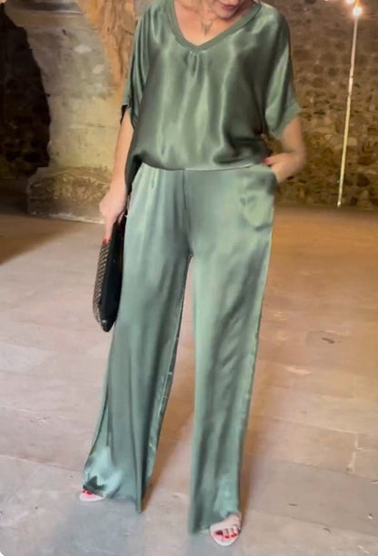 Fashion Solid Color Mercerized V-neck Casual Suit