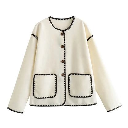 Elegant Crew-neck Edge Color Contrast Coat