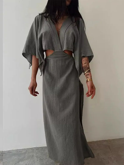 Chic exposed waist cotton and linen dress