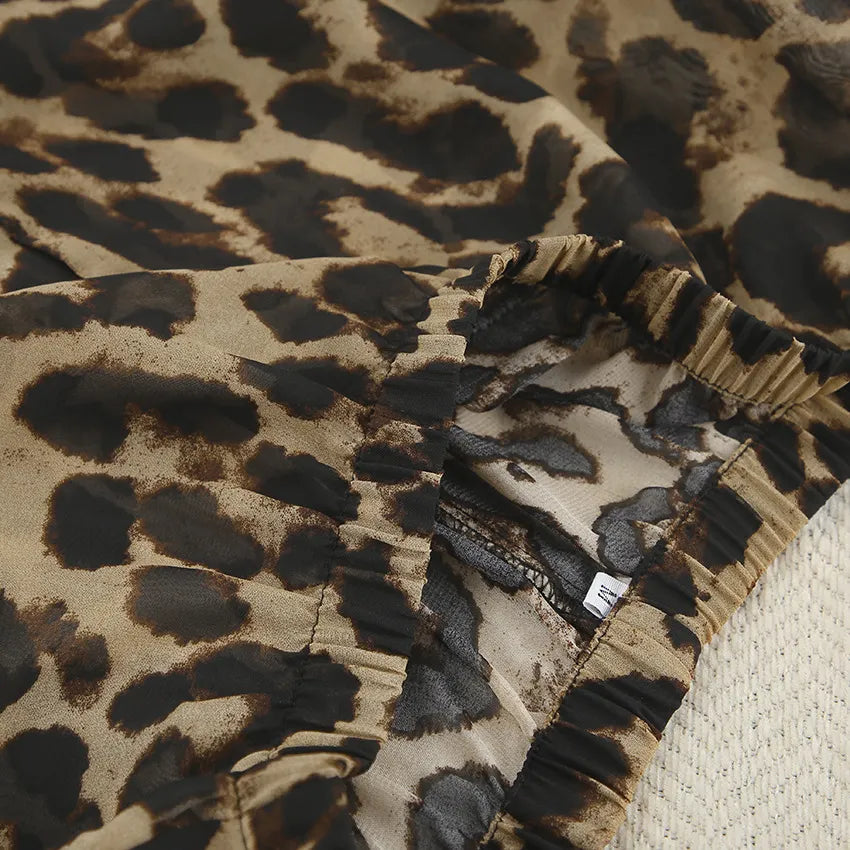Fashion Leopard Print Long Sleeve Shirt & Shorts Two-Piece Set