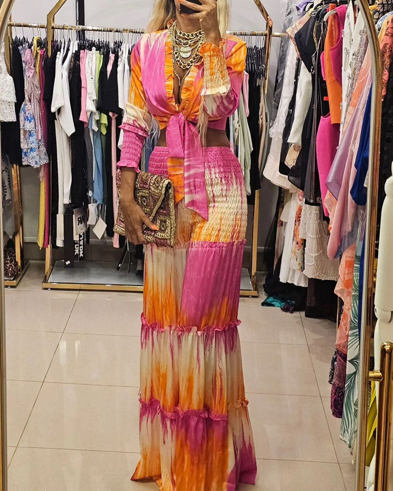 Fashion Gradient Print V-Neck Top & Pants Two-Piece Set