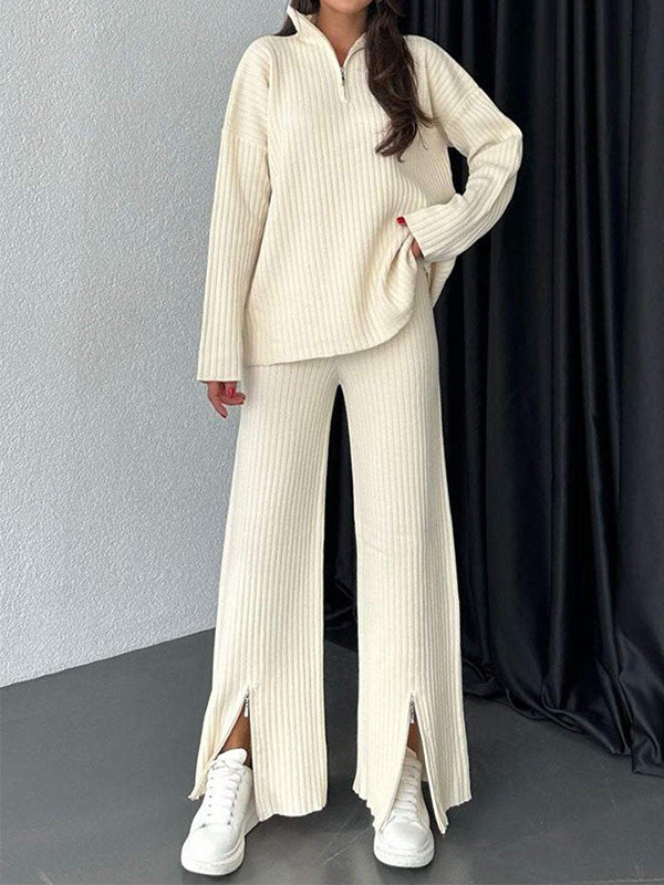 Stylish Loose Solid Color Zip Set