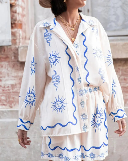 Fashion Print Linen Casual Shirt Cardigan Shorts