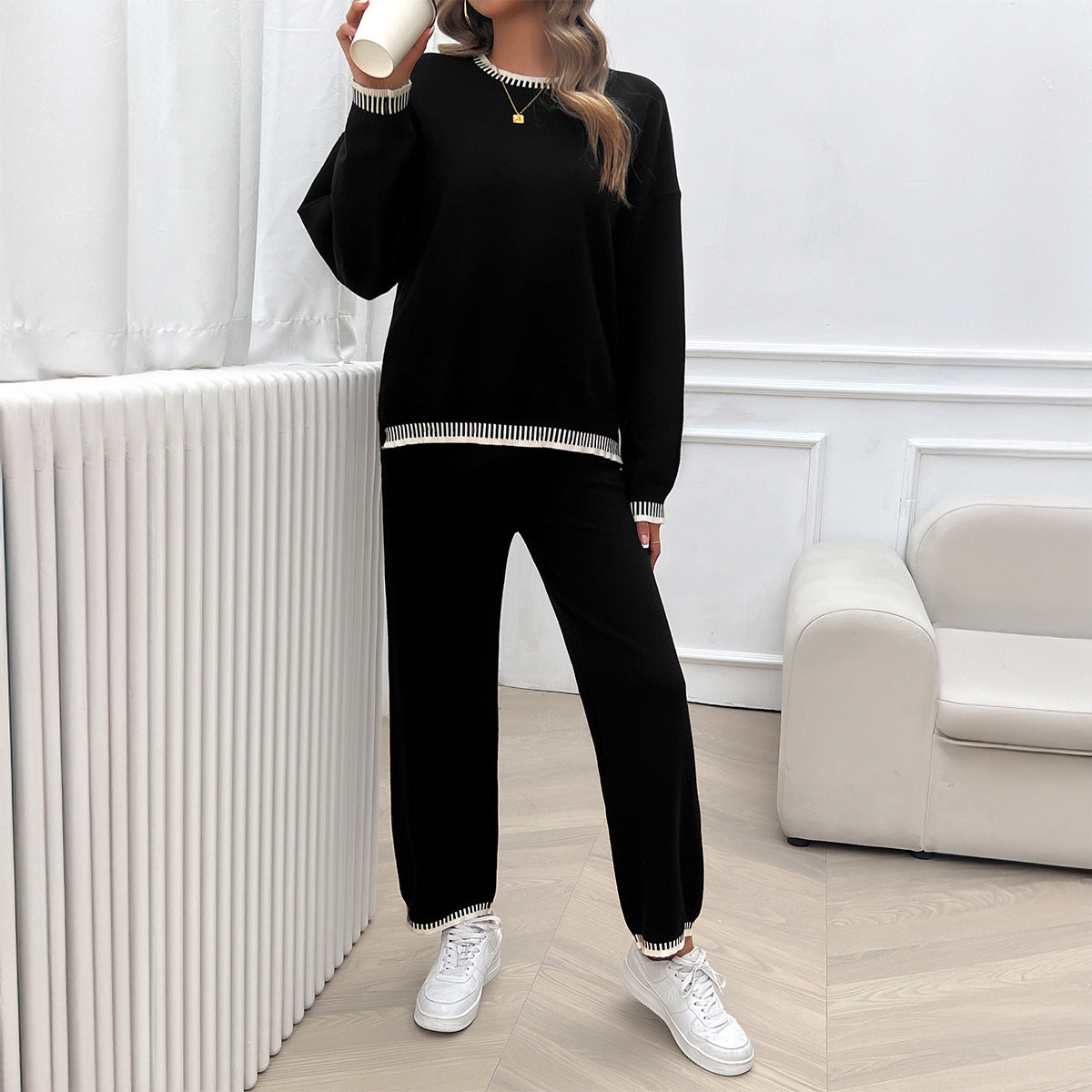Solid Color Casual Color Matching Knit Sweater & Pant Suit