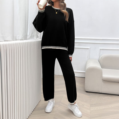 Solid Color Casual Color Matching Knit Sweater & Pant Suit