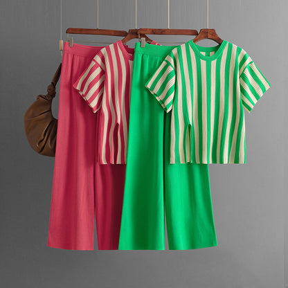 Casual Vertical Stripe Slit Top & High Waist Solid Color Pants Two-Piece Set