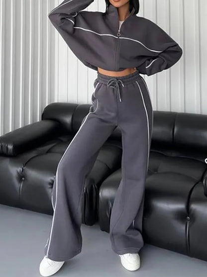 Stylish Striped Turtleneck Long-Sleeved Hoodie & Pants Two-Piece Set