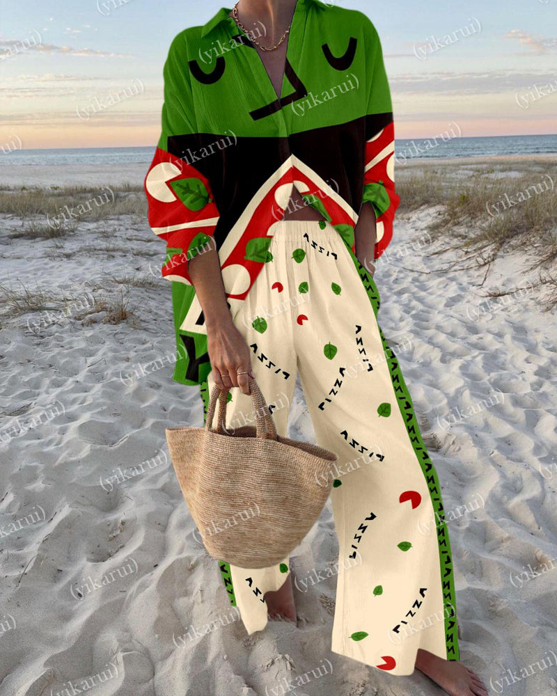 Fun Pizza Print Shirt & Pants Two-Piece Set