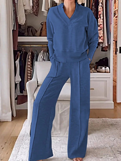 Casual V-Neck Long Sleeve Top & Wide Leg Pants Two Piece Set