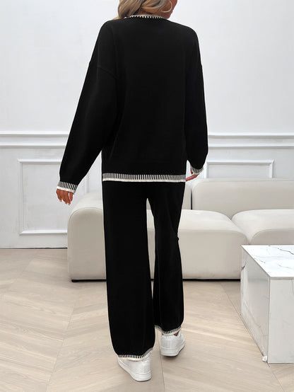 Solid Color Casual Color Matching Knit Sweater & Pant Suit