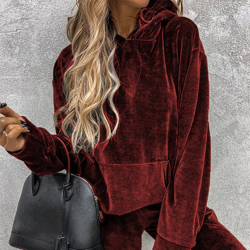 Women's solid color hooded sports casual suit