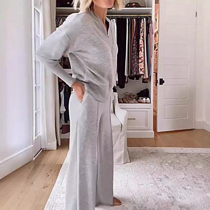 Casual V-Neck Long Sleeve Top & Wide Leg Pants Two Piece Set