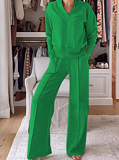 Casual V-Neck Long Sleeve Top & Wide Leg Pants Two Piece Set