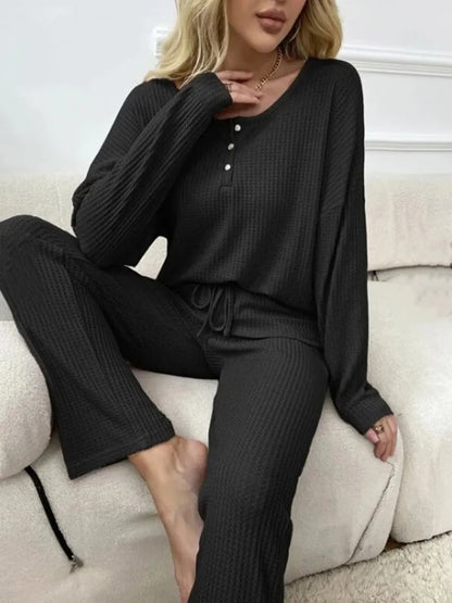 Solid Color Casual Long Sleeve Blouse & Long Pants Pajamas Two-Piece Sets