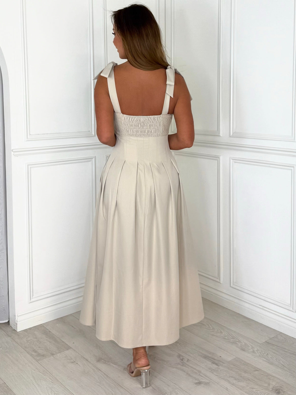 Riviera - Lace Tie-Shoulder Midi Dress (Beige)
