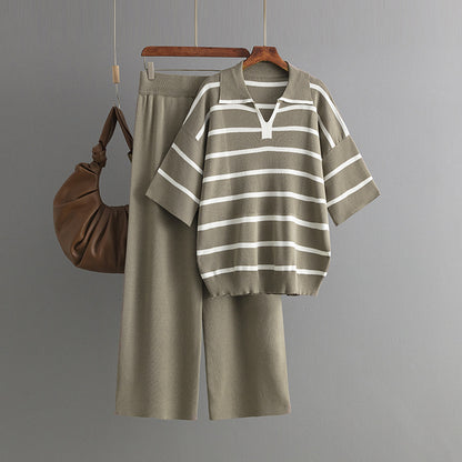 Stylish Striped Top & Solid Color Wide Leg Pants Two-Piece Set