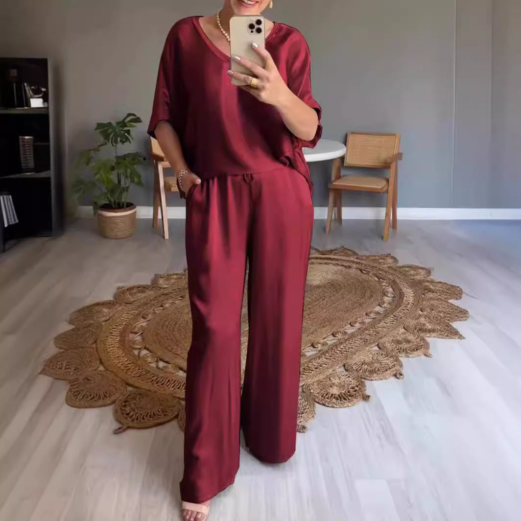 Fashion Solid Color Mercerized V-neck Casual Suit