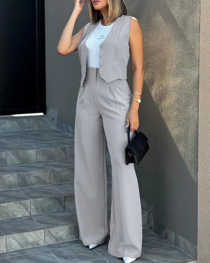 Fashion Solid Color Vest & Wide Leg Pants Two-Piece