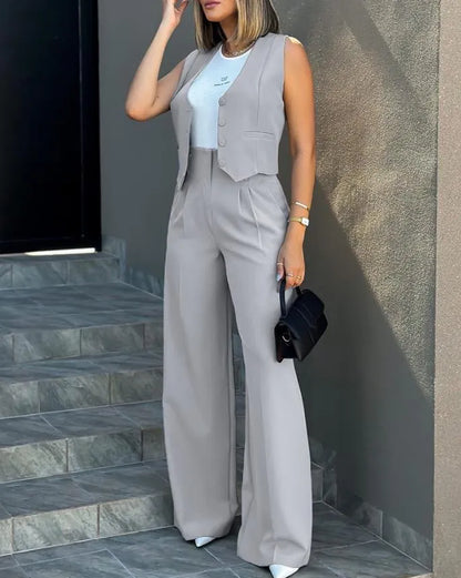 Fashion Solid Color Vest & Wide Leg Pants Two-Piece