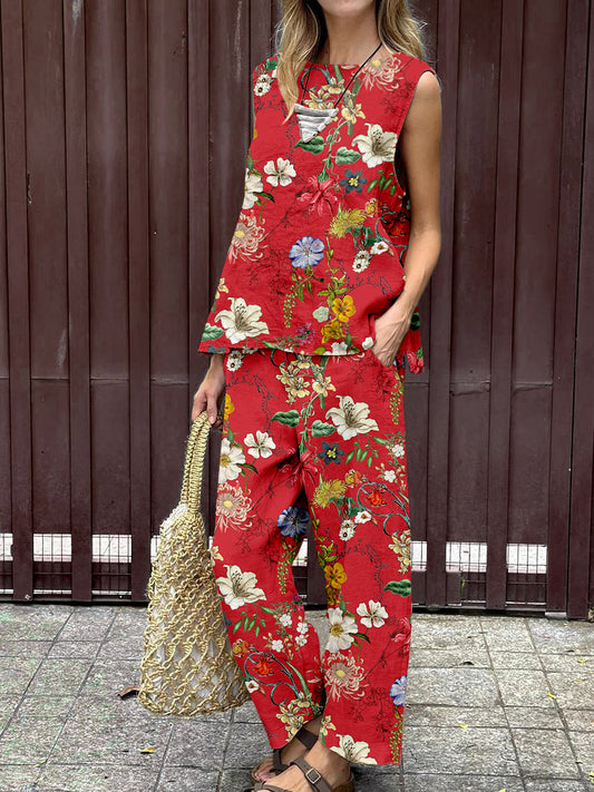 Stylish Printed Sleeveless Top & Pants Two-piece Set