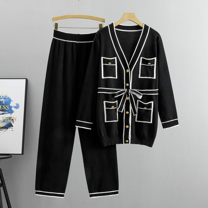 Elegant Color Contrast Two-piece Sweater Suit