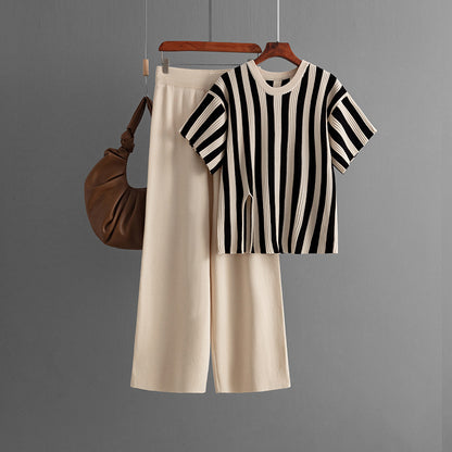 Casual Vertical Stripe Slit Top & High Waist Solid Color Pants Two-Piece Set