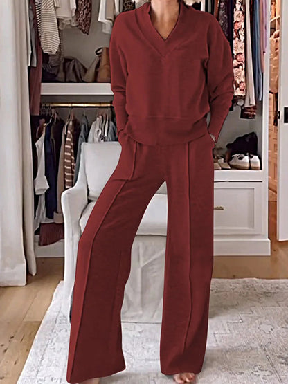 Casual V-Neck Long Sleeve Top & Wide Leg Pants Two Piece Set