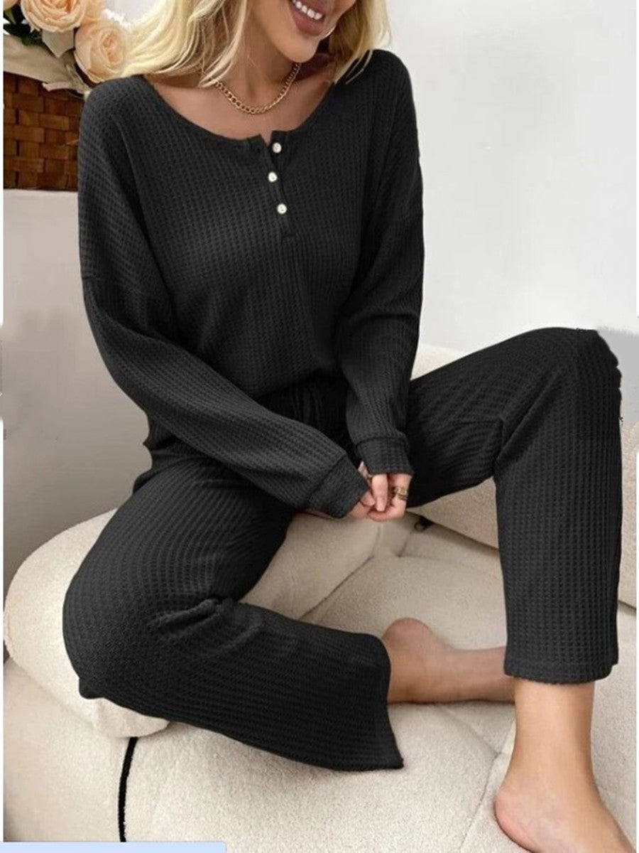 Solid Color Casual Long Sleeve Blouse & Long Pants Pajamas Two-Piece Sets
