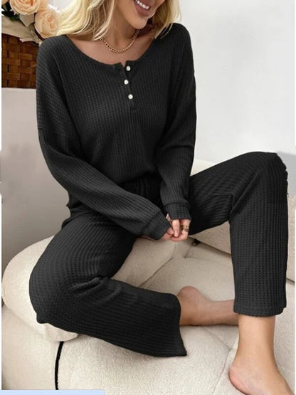 Solid Color Casual Long Sleeve Blouse & Long Pants Pajamas Two-Piece Sets