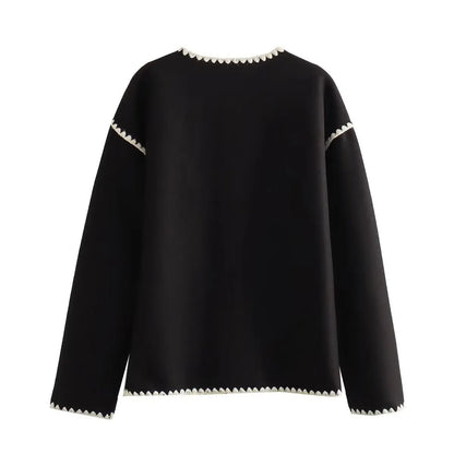 Elegant Crew-neck Edge Color Contrast Coat