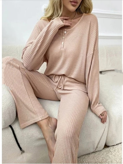 Solid Color Casual Long Sleeve Blouse & Long Pants Pajamas Two-Piece Sets