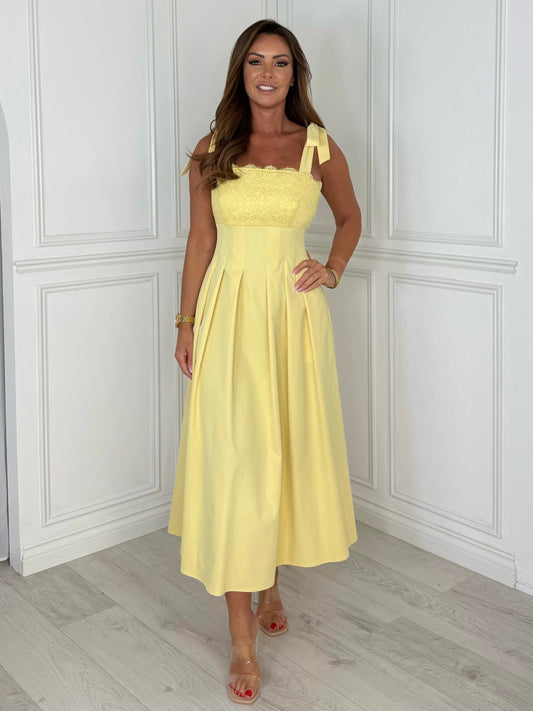 Riviera - Lace Tie-Shoulder Midi Dress (Yellow)
