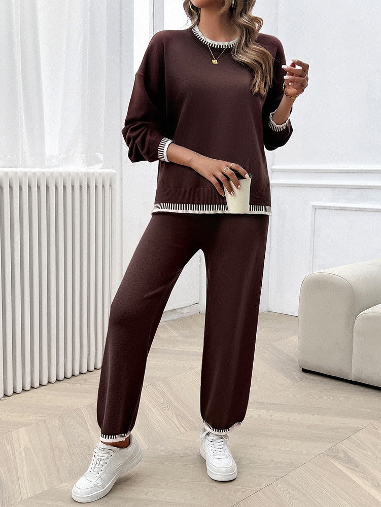 Solid Color Casual Color Matching Knit Sweater & Pant Suit