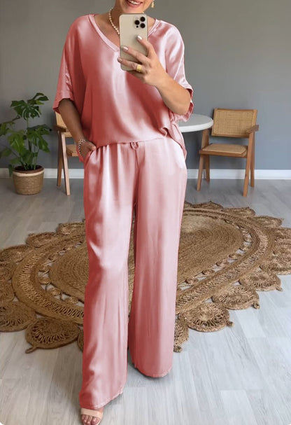 Fashion Solid Color Mercerized V-neck Casual Suit
