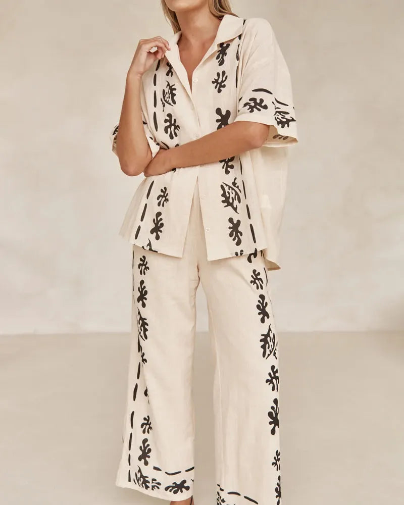 Casual Lapel Printed Shirt & Pants Two-Piece Set