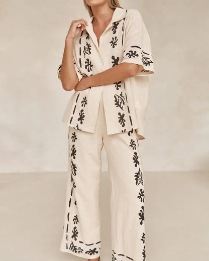 Casual Lapel Printed Shirt & Pants Two-Piece Set