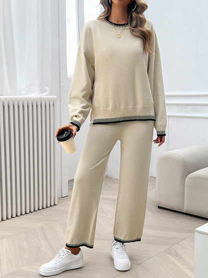Solid Color Casual Color Matching Knit Sweater & Pant Suit