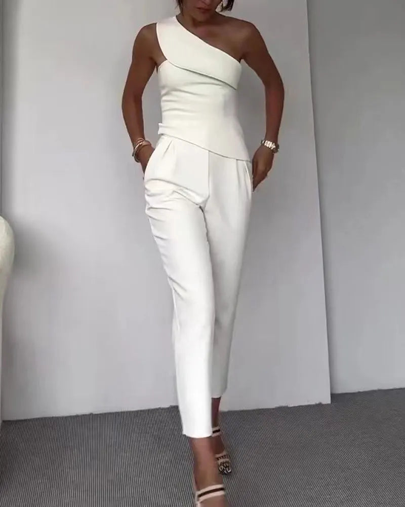 Fashionable Two-Piece High Waist Pants Top With Slant Neck