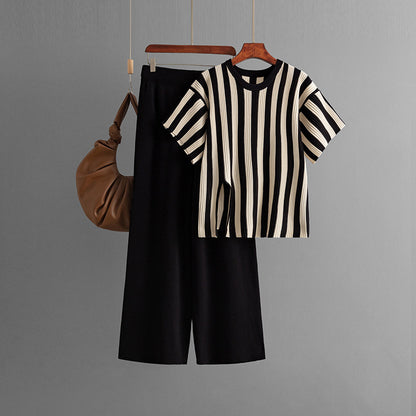Casual Vertical Stripe Slit Top & High Waist Solid Color Pants Two-Piece Set