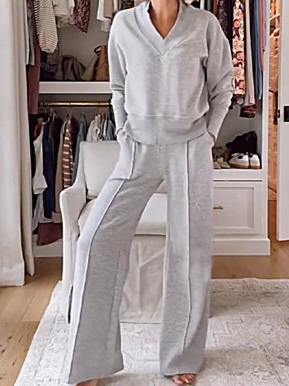 Casual V-Neck Long Sleeve Top & Wide Leg Pants Two Piece Set